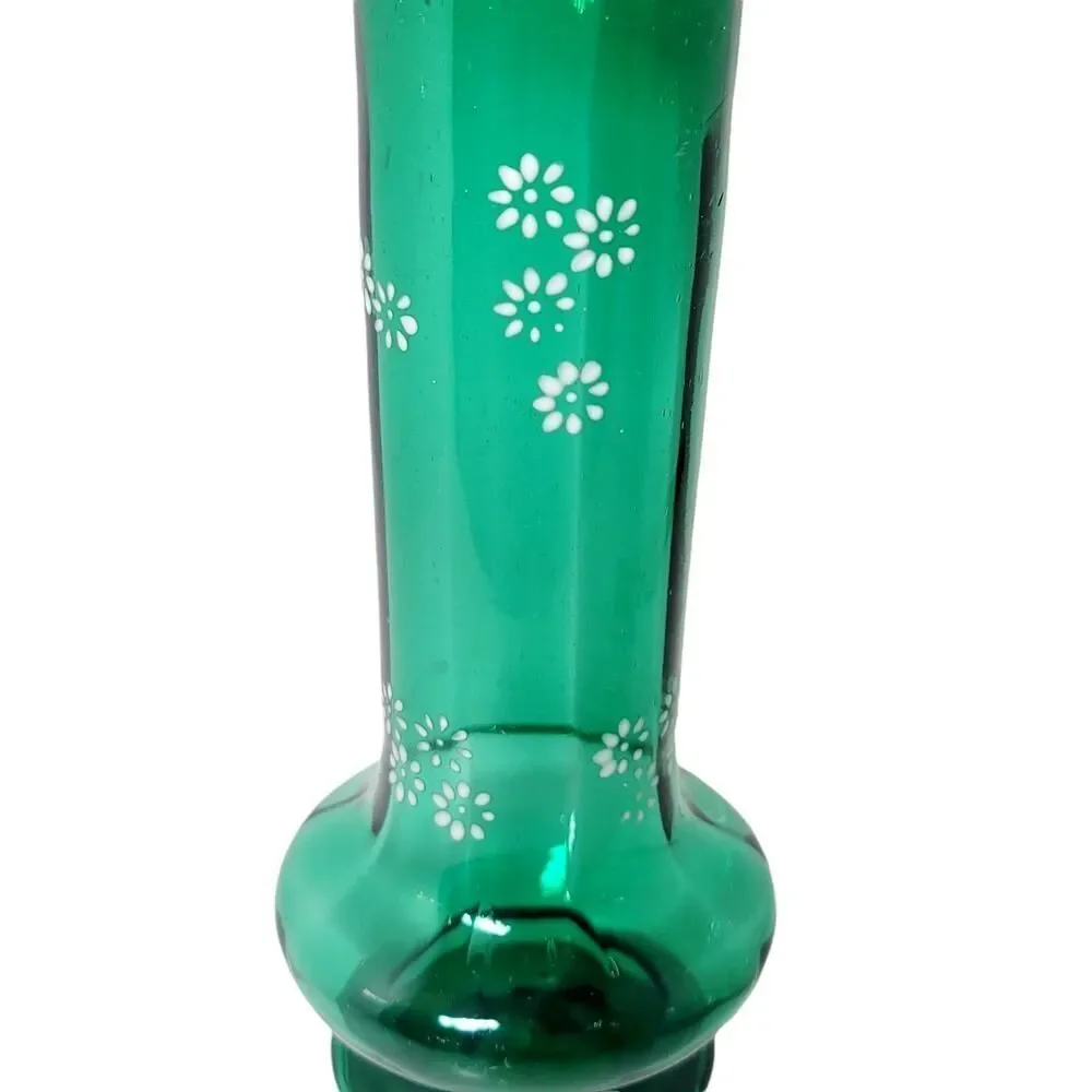 Moser Bohemian Czech Hand Blown Glass Hand Painted Green Enamel Ruffled Vase 10”